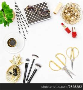 Flat lay for feminine website, bloggers, social media. Fashion accessories, cosmetics, coffee and green plant