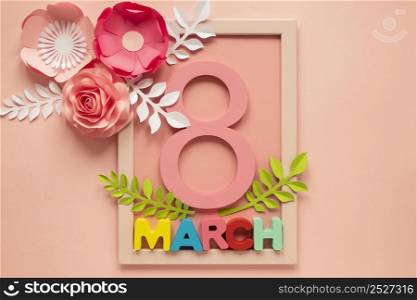 flat lay frame with date paper flowers women s day