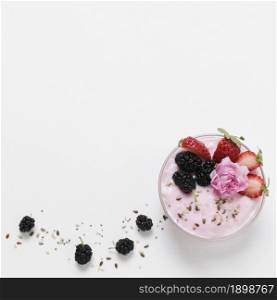 flat lay fruit yoghurt with rose. Resolution and high quality beautiful photo. flat lay fruit yoghurt with rose. High quality beautiful photo concept