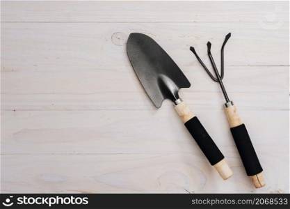 flat lay gardening tools with copy space