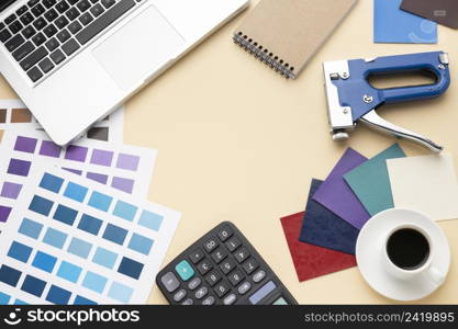 flat lay graphic designer desk composition