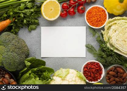 flat lay groceries with copy space