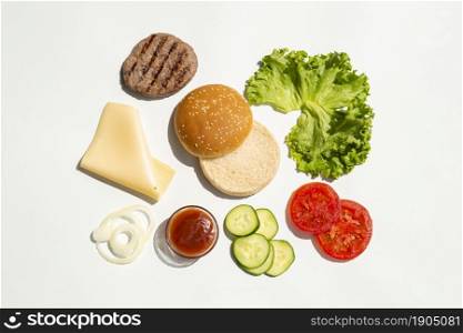 flat lay hamburger ingredients. Beautiful photo. flat lay hamburger ingredients