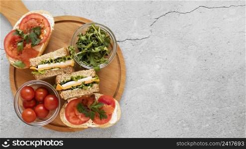 flat lay healthy sandwiches composition with copy space