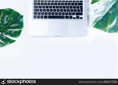 Flat lay home office workspace. Flat lay home office workspace with laptop and green leaves, copy space on white desk