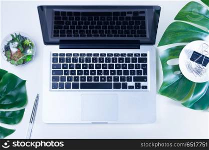 Flat lay home office workspace. Flat lay home office workspace with laptop and green leaves over white background