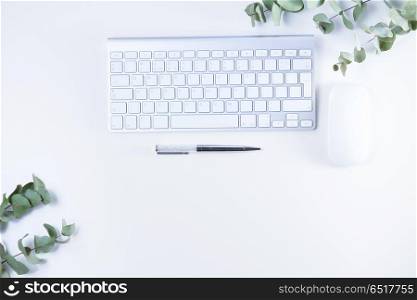 Flat lay home office workspace. Flat lay home office workspace with white modern keyboard and silver green twigs