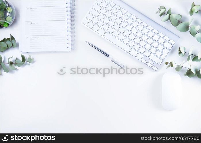 Flat lay home office workspace. Flat lay home office workspace with white modern keyboard, notebook and silver green twigs