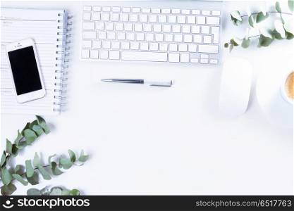 Flat lay home office workspace. Flat lay home office workspace with white modern keyboard, notebook and silver green eucaliptus twigs