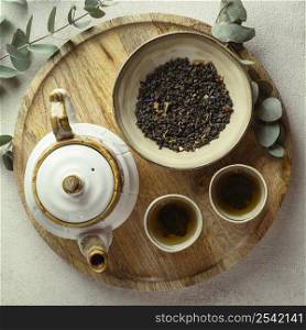 flat lay hot tea herbs arrangement