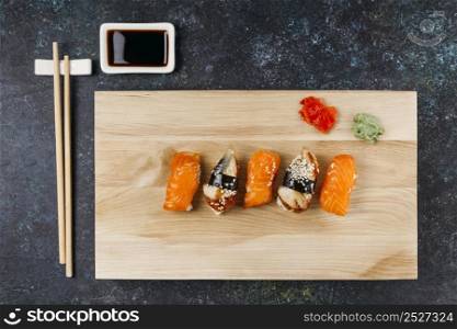 flat lay japanese sushi arrangement