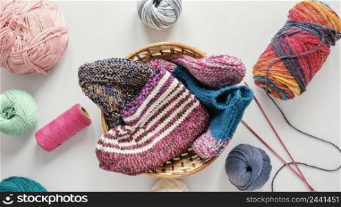 flat lay knitting needles wool basket 3