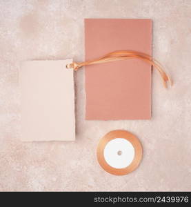 flat lay lovely decoration with cute wedding invitation