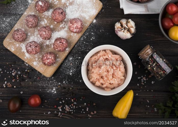 flat lay meatballs wooden board minced meat