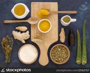 flat lay medicinal herbs spices