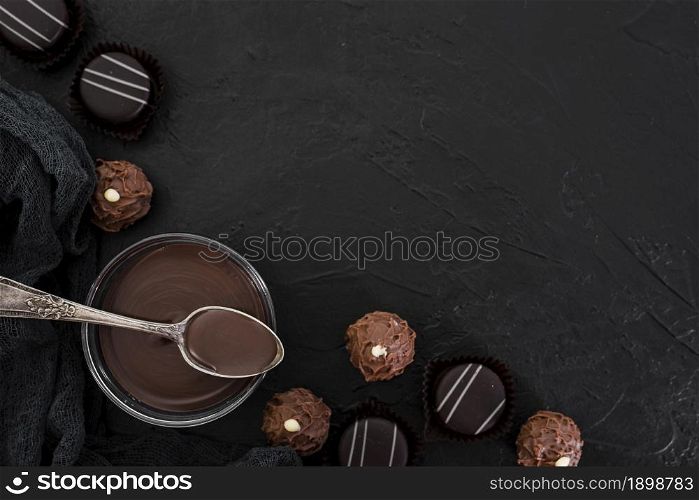 flat lay melted chocolate candies with copy space. Resolution and high quality beautiful photo. flat lay melted chocolate candies with copy space. High quality beautiful photo concept
