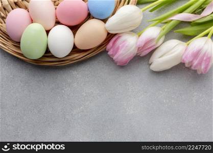 flat lay multicolored tulips easter eggs
