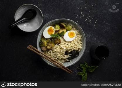 flat lay noodles bowl arrangement
