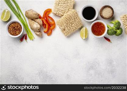 flat lay noodles spices mix with copy space