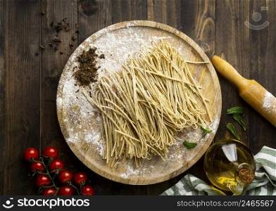 flat lay noodles tomatoes arrangement