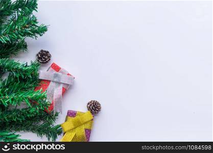 Flat lay of Christmas composition for background on white background. Christmas, winter, new year concept. copy space and soft focus.