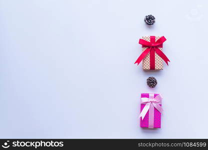 Flat lay of Christmas composition for background on white background. Christmas, winter, new year concept. copy space and soft focus.