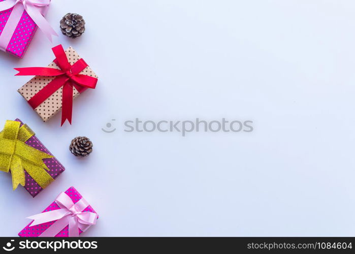 Flat lay of Christmas composition for background on white background. Christmas, winter, new year concept. copy space and soft focus.