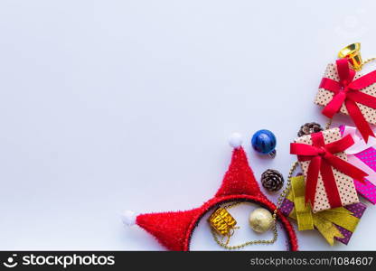 Flat lay of Christmas composition for background on white background. Christmas, winter, new year concept. copy space and soft focus.