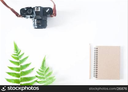 Flat lay of earth tone color notebook, pencil, camera and fern leaves isolated on white background with copy space