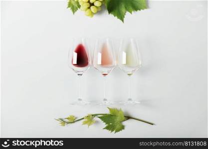 Flat-lay of red, rose and white wine in glasses and Branch of vine leaves on white background. Wine bar, winery, wine degustation concept. Minimalistic trendy photography