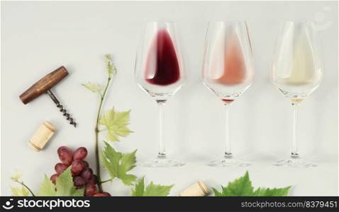 Flat-lay of red, rose and white wine in glasses and Branch of grape vine on white background. Wine bar, winery, wine degustation concept. Minimalistic trendy photography