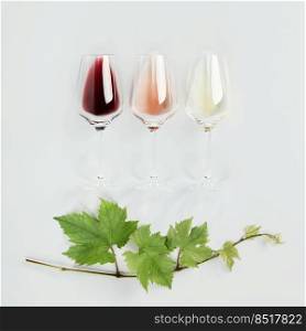 Flat-lay of red, rose and white wine in glasses and Vine branch on white background. Wine bar, winery, wine degustation concept. Minimalistic trendy photography