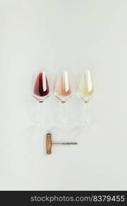 Flat-lay of red, rose and white wine in glasses on white background. Wine bar, winery, wine degustation concept. Minimalistic trendy photography