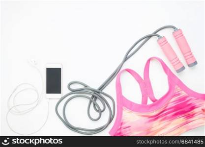 Flat lay of smartphone and sport equipments on white background, Workout and Fitness concept