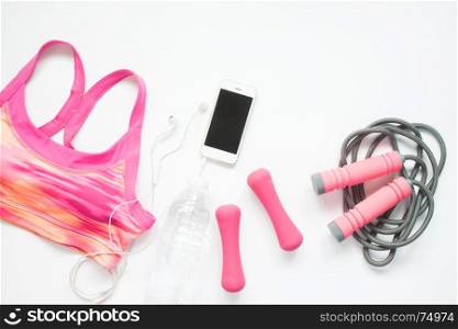 Flat lay of sport equipments with mobile phone on white background, Healthy lifestyle concept