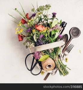 Flat lay of wild healing herbs and flowers. Clean eating, paleo, biohacking, herbal medicine concept. Healthy eating and herbal medicine concept, flat lay, top view