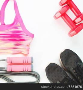 Flat lay of woman sport equipments, Working out and healthy concept