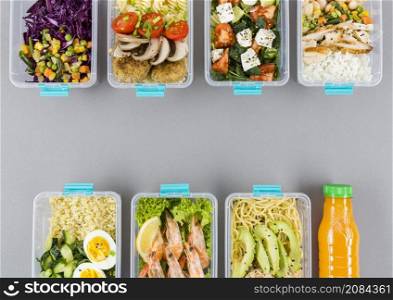 flat lay organized plastic food containers with meals