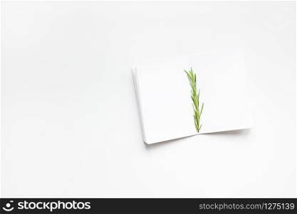 Flat lay overhead view blank notebook pages mockup text space invitation card on white background with rosemary twig. Menu or recipe book or food blog design with cooking ingredients