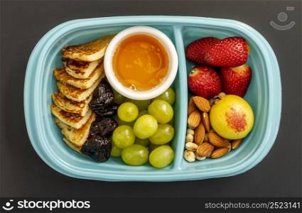 flat lay packed food arrangement