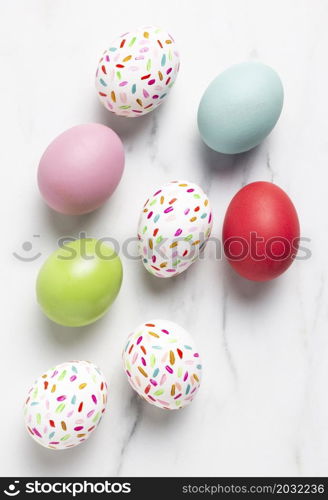 flat lay painted easter eggs