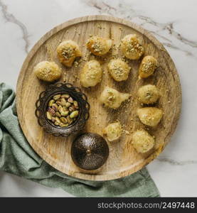 flat lay pakistani food wooden board