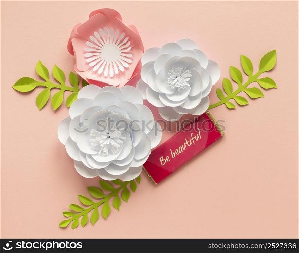 flat lay paper flowers with leaves women s day