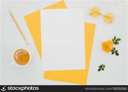 flat lay paper mockup with floral elements. Beautiful photo. flat lay paper mockup with floral elements