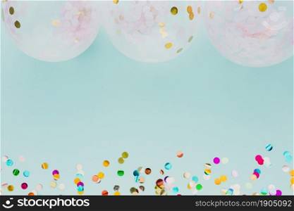 flat lay party decoration with balloons blue background. Beautiful photo. flat lay party decoration with balloons blue background