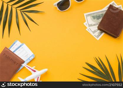flat lay passports money with plane tickets figurine