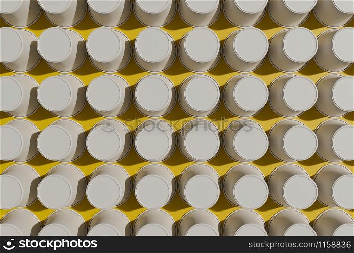 Flat lay pattern of paper cups on yellow background. Minimalist style.