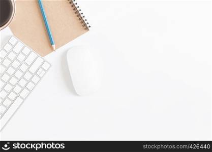 Flat lay photo of office desk with mouse and keyboard,Copy space on white background with coffee and pencil,Top view