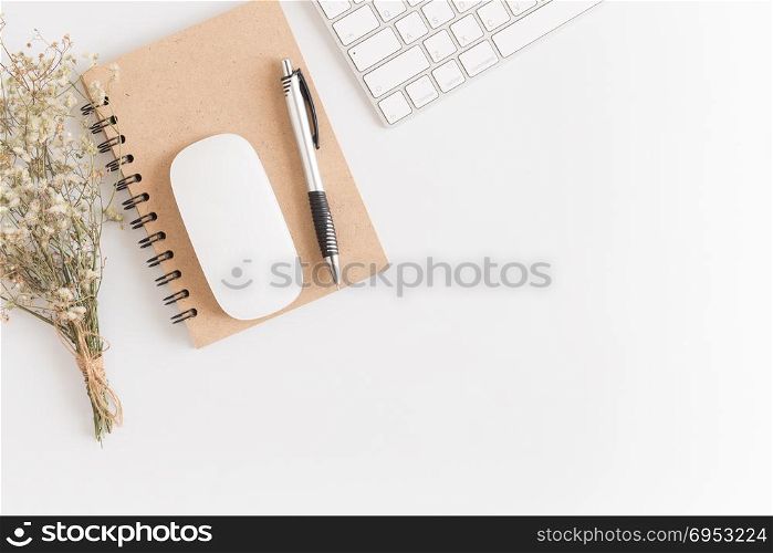 Flat lay photo of office desk with mouse and keyboard,White copy space top view