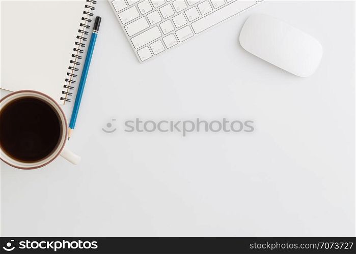 Flat lay photo of office desk with mouse and pencil on white background,Top view of coffee and office equipment